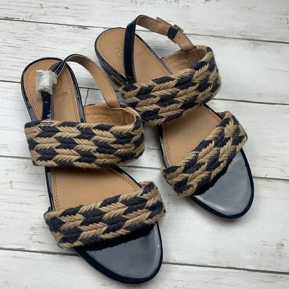 Tory Burch Lola Flat Sandal Woven Nautical 7 Blue - Picture 4 of 8